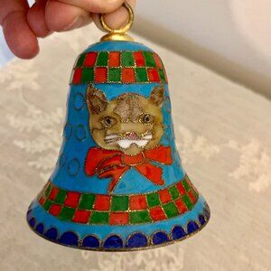 Cloisonne Christmas Cat Bell with Gold Trim and Red Bow Adorable